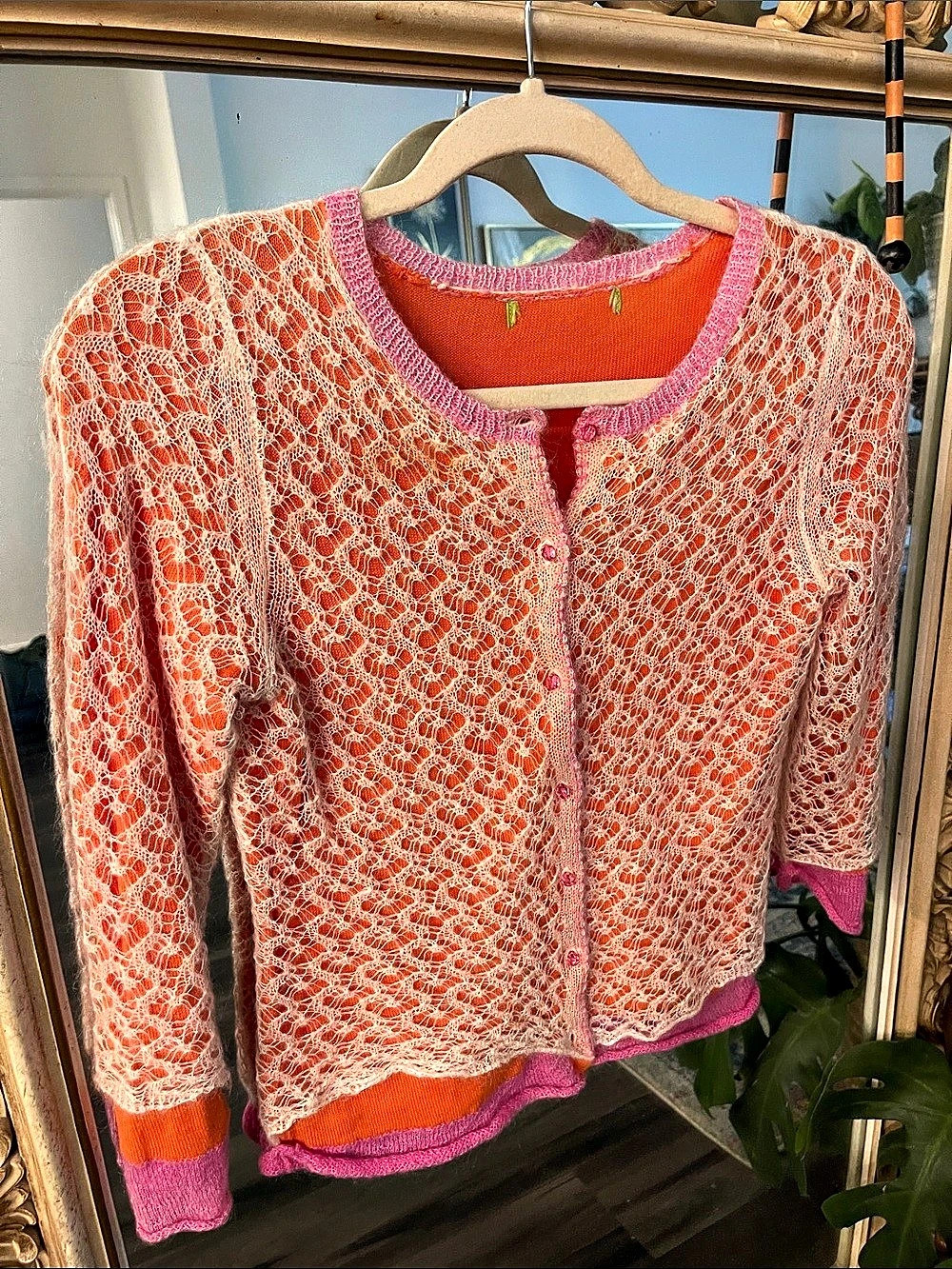 Vintage Sigrid Olsen Lace Knit Cardigan in Orange & Pink Like New Sz S